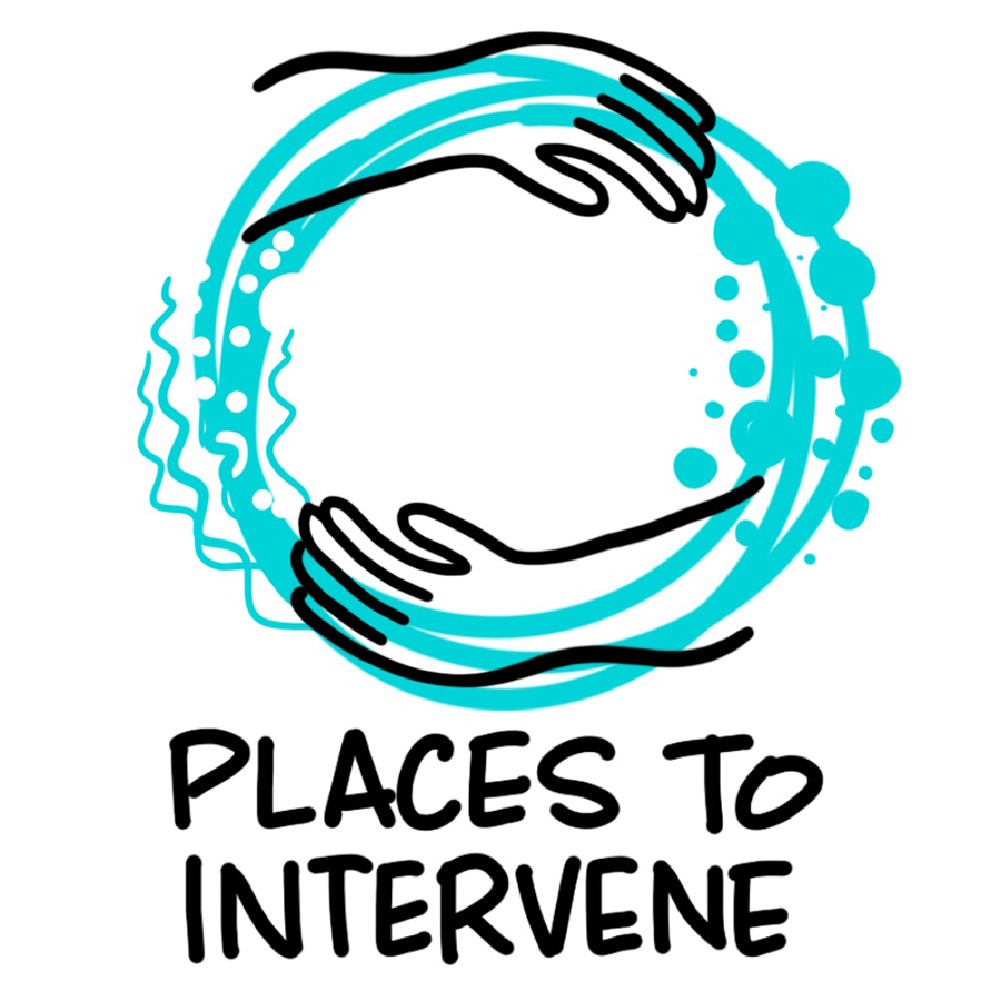 Two hands shaping a circle of waves, dots and lines to conceptualize the Places to Intervene illustration from the Complex Systems Framework collection illustrations